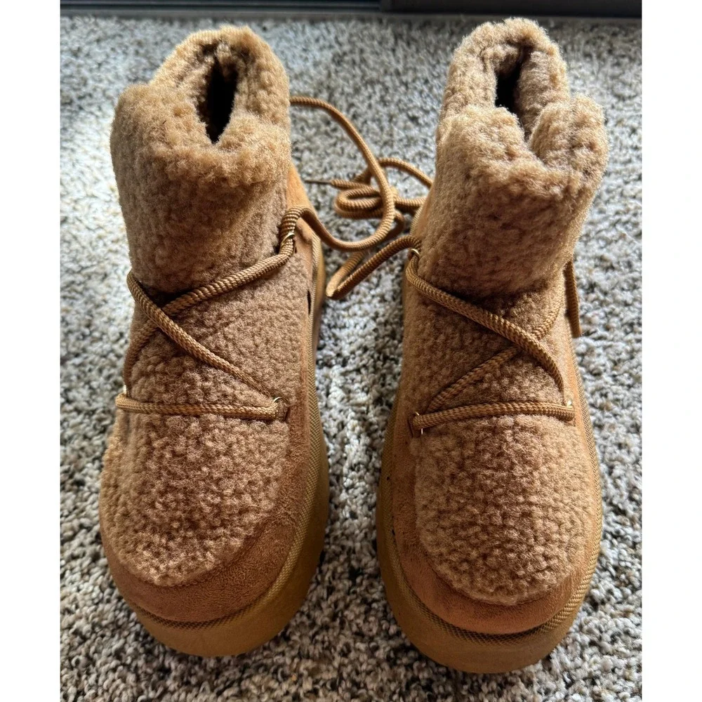 Chestnut Faux Shearling Platform Ankle Boots Lace Up Winter Borg Booties Brown